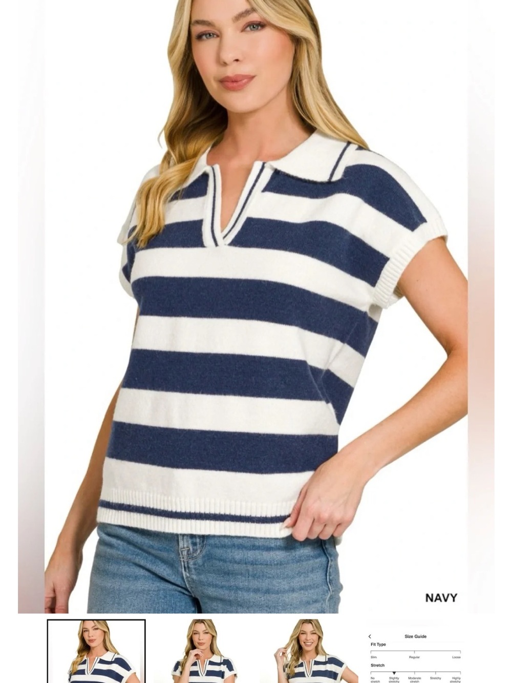 Zenana Outfitters Navy and White Striped V-Notch Knit Top